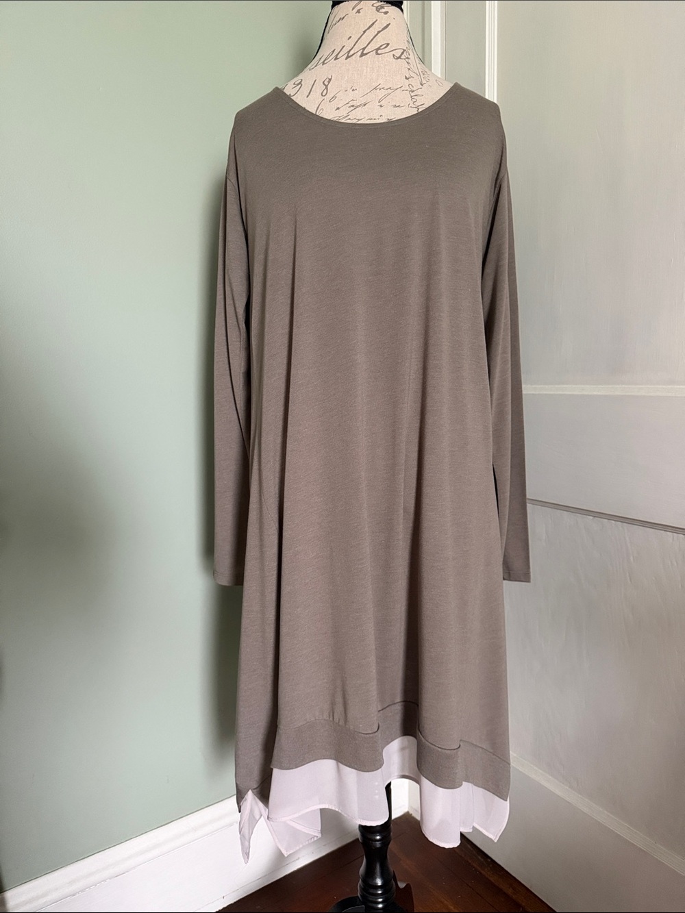 All Saints Taupe Arya Long Sleeve Layered-Hem Swing Dress with Cream Trim